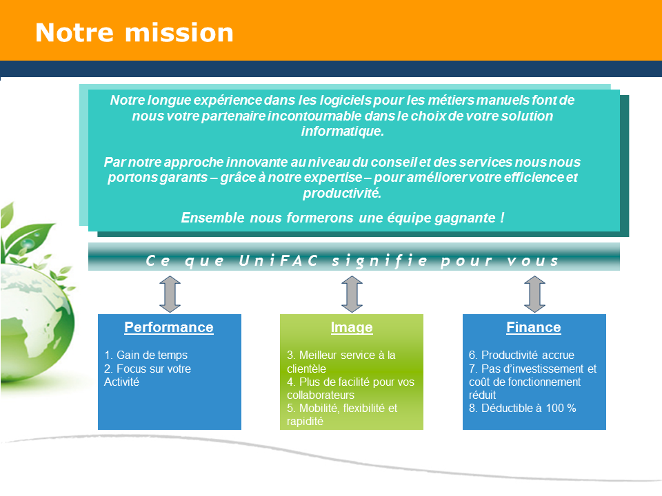 Notre longue expérience dans les logiciels pour les métiers manuels font de nous votre partenaire incontournable dans le choix de votre solution informatique. Par notre approche innovante au niveau du conseil et des services nous nous portons garants – grâce à notre expertise – pour améliorer votre efficience et productivité. Ensemble nous formerons une équipe gagnante !